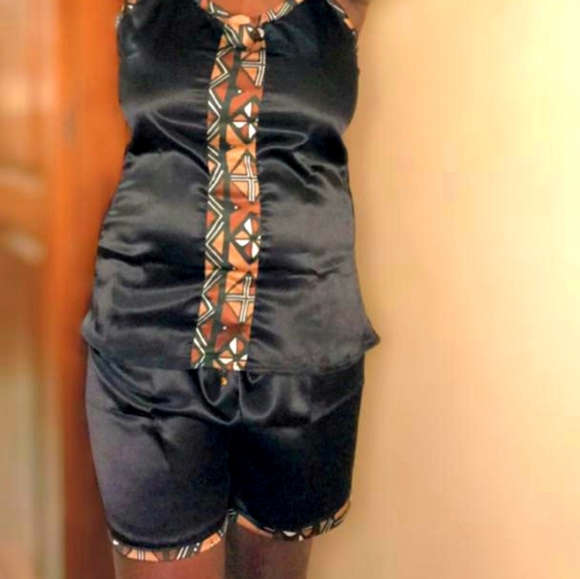 Silk African Print  Sleepwear BLK Brown Size L - Picture 5 of 7